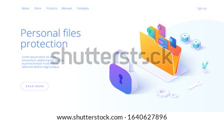 Personal data security in isometric vector illustration. Online file server protection system concept with folder and lock. Secure information transfer background template for web banner.