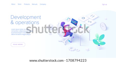 Web development and operations concept in flat design. Developing of internet app or online website service. Creative vector illustration. Landing page layout or banner template.