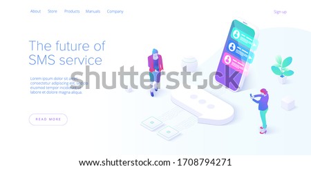 SMS or Messaging service concept in isometric vector illustration. Electronic messenger app for smartphone. Webmail or mobile application layout for website landing header.