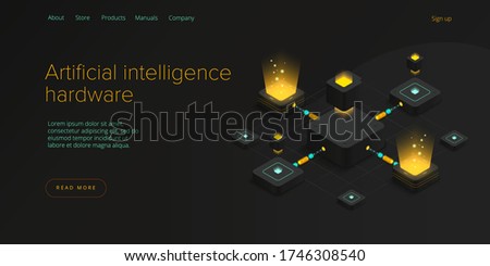 Hosting server isometric vector illustration. Abstract datacenter or blockchain background. Network mainframe infrastructure website layout. Computer storage or farming workstation.