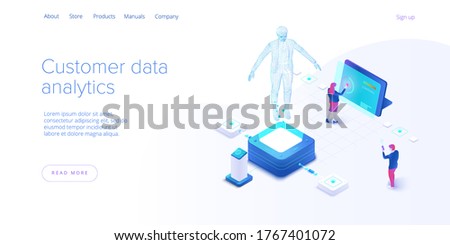 Customer data monitoring concept in isometric vector design. Online internet marketing or business analysis tools. User engagement metrics or measure technology. Web banner layout template.