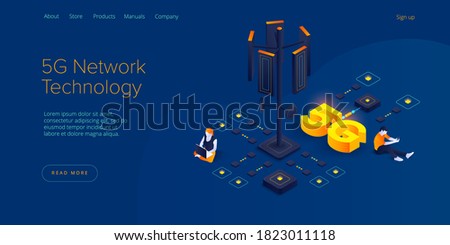 5g network technology in isometric vector illustration. Wireless mobile telecommunication service concept. Marketing website landing template. Smartphone internet speed connection background.