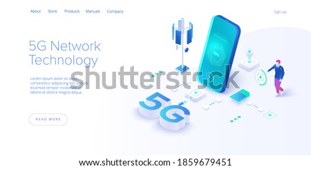 5g network technology in isometric vector illustration. Wireless mobile telecommunication service concept. Marketing website landing template. Smartphone internet speed connection background.