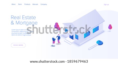 Real estate searching service app. Property mortgage or loan concept in isometric vector illustration. Home buying or property rent payment system. Web banner for finding house application.