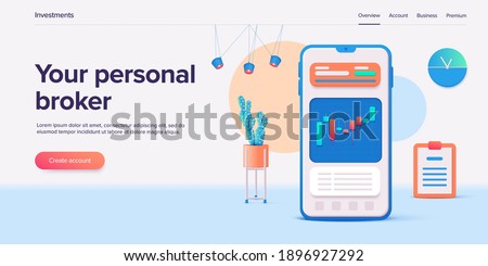 Stock exchange vector illustration in 3d design. Trading market or investment mobile app. Financial broker or trader application. Web banner layout template.