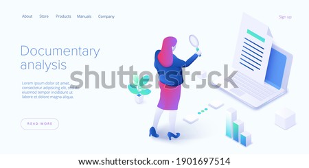 Documentary analysis in isometric vector illustration. Document qualitative research with woman looking through magnifier. Web banner layout. Photo stock © 