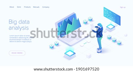 Big data analysis in isometric vector illustration. Abstract datacenter or data hosting server. .Computer storage or workstation.