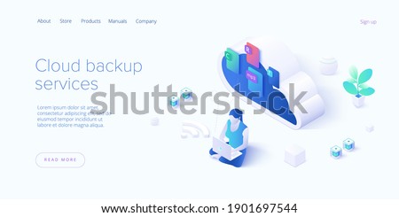 Cloud backup service in isometric vector illustration.  Woman saving documents in digital storage. Data transfering application.
