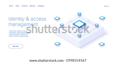 Identity and access management illustration in isometric vector design. Abstract datacenter or blockchain. Network mainframe infrastructure. Web banner layout template.