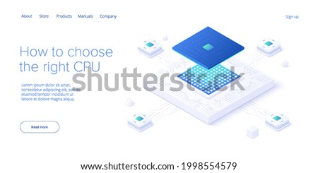 Computer CPU chip illustration in isometric vector design. Semiconductor microchip or processor. Abstract data component or gpu hardware circuit. Artificial intelligence or ai background.