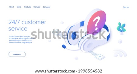247 service concept or call center in isometric vector illustration. 24 7 round the clock or nonstop customer support background. Mobile self-service layout template for web banner.