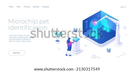 Pet microchip concept illustration in isometric vector design. Dog or animal tracking chip identification. Id implant scan technology web banner layout.