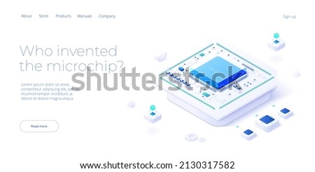 Microchip concept illustration in isometric vector design. Semiconductor or computer processor chip production. CPU hardware technology web banner layout.