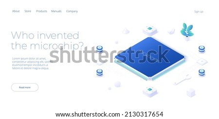 Microchip concept illustration in isometric vector design. Semiconductor or computer processor chip production. CPU hardware technology web banner layout.