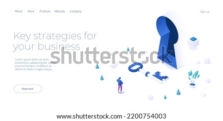 Key solution or business success metaphor in isometric vector illustration. Businesswoman looking for decision to unlock corporate challenge. Web banner layout template