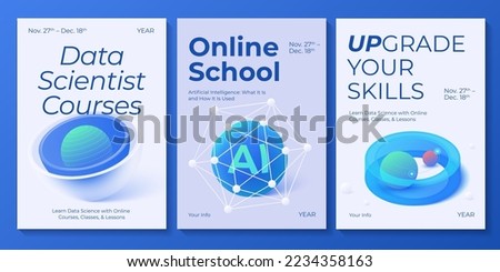 Social media web banner templates for online school, classes and courses. Big data, Ai and cloud solutions in isometric vector illustration. Abstract datacenter or blockchain network background