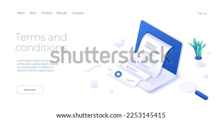 Terms and conditions concept in isometric vector design. User agreement or privacy policy online document on laptop screen. Legal contract document and law article. Web banner layout template
