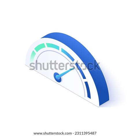 Gauge or meter indicator icon in isometric vector design. Speedometer 3d sign with scale and arrow. Progress performance chart emblem.