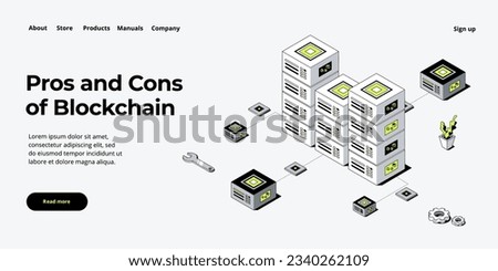 Hosting server isometric vector illustration. Abstract datacenter or blockchain background. Network mainframe infrastructure website layout. Computer storage or farming workstation.