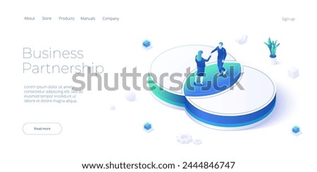 Business merger, contract or entrepreneur agreement concept in isometric vector illustration with male and female businessmen shaking hands. Web banner layout template