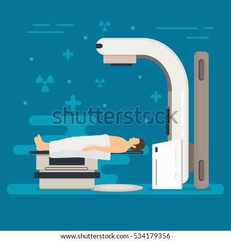 Radiation therapy vector concept. Cancer treatment with radiotherapy. Oncology RT of cancerous tumor. Medical x-ray beam therapy with linear accelerator. Medicine background.