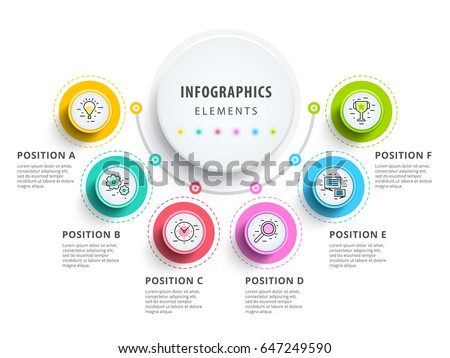 Circle infographics elements design. Abstract business workflow presentation with linear icons. 6 step on timeline or job options in 3D.. Best for commercial slideshow or website landing interface.