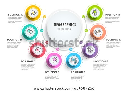 Business 8 step process chart infographics with step circles. Circular corporate graphic elements. Company presentation slide template. Modern vector info graphic layout design.