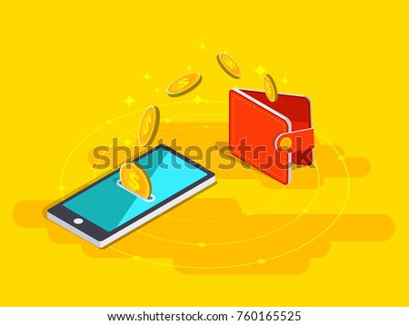 Money transfer from wallet into cellphone in isometric vector design. Digital payment or online cashback service. Mobile banking transaction concept. Withdraw money with smartphone.