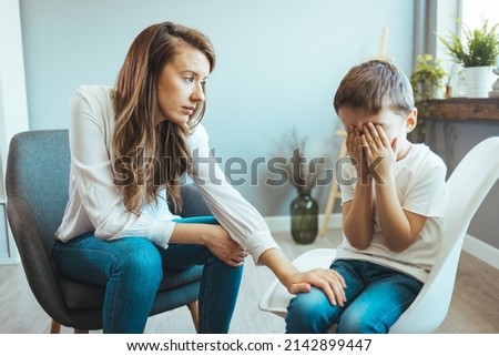 Similar – Image, Stock Photo Sad boy in medical mask near window