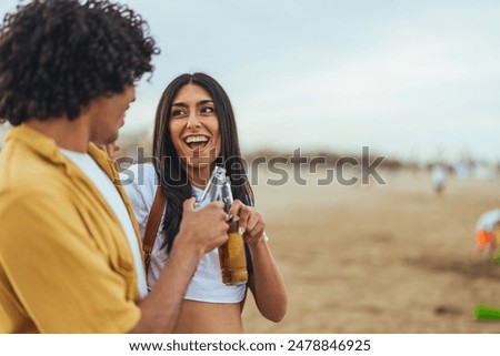 Image, Stock Photo Cheerful ethnic couple taking selfie in park