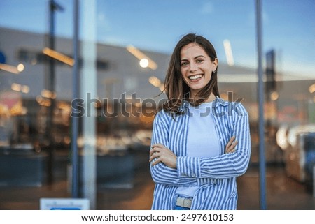 Similar – Image, Stock Photo Portrait of a woman looking at herself in the mirror.