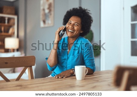 Similar – Image, Stock Photo Cheerful woman having telephone conversation