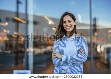 Similar – Image, Stock Photo Portrait of a woman looking at herself in the mirror.