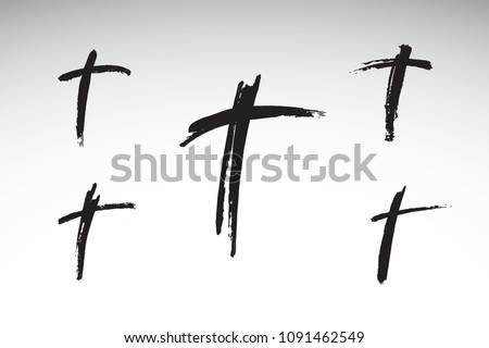 Christian cross church icon set logos. Christianity symbol of Jesus Christ. Natural black and white brush strokes with rough edges. Silhouette outline of cross.