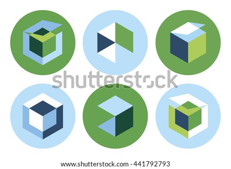 3d abstract architecture box business circle concept creative cube design element flat geometric graphic idea illustration isolated modern perspective symbol technology vector web green blue