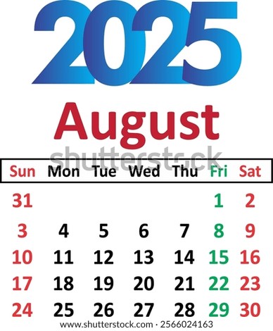 August 2025 Calendar Leaf. Calendar 2025 in flat style. August 2025 Calendar. Week starts on Friday. Blank Calendar Template. Stationery Design. Vector Illustration. Month. Date Icon.