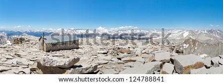 Mount Whitney Summit Panorama - Mount Whitney Summit Hut and Grand View of the Sierra Nevada Mountains.