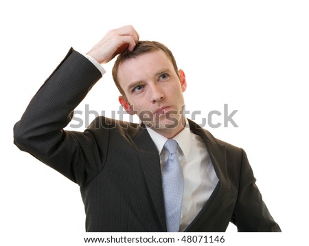 businessman scratching his head on white background
