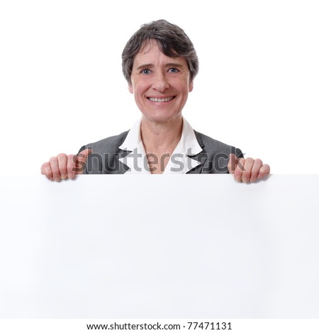 mature smiling woman holding white board isolated on white background