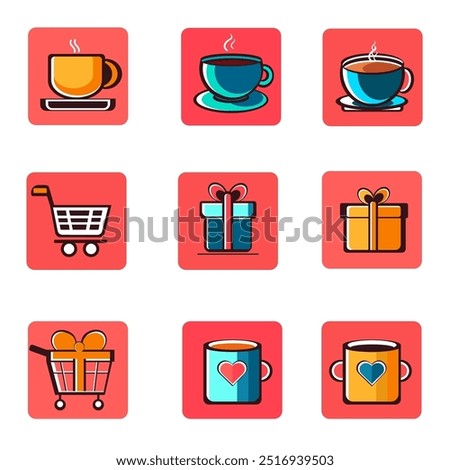 This illustration features a 3x3 grid of colorful icons, including mugs with steam rising from them, shopping carts, and gift boxes with bows. Each icon is set against a red square background, offerin