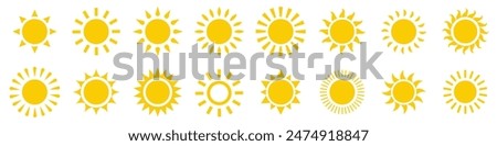 Sun icon set. Yellow sun icons. Shine sun ray set. Sunset icon collection. Yellow sun star icons. Hot solar energy for tan. Vector illustration