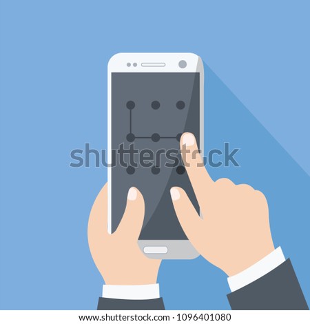 open, swipe & slide mobile security vector modern concept. enter pass code screen isolated graphic. points code on creative cell phone touch. business man hand holding smart phone flat design cartoon