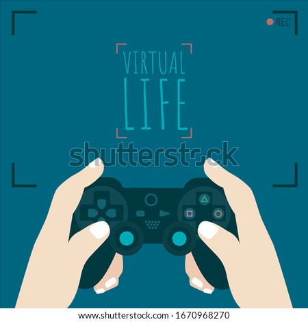 addicted for virtual life & digital world. technology addiction isolated video & game over cartoon. hands holding flat design Gaming vector. playsation & remote or joystick controller for geek gamers