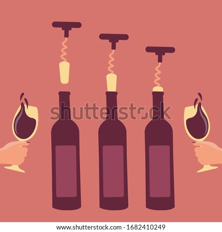 steps for crokscrew vector. hand holding wine glass. How to open a bottle of wine art cartoon concept. opened red wine bottle for holiday. winery festival flat design. opener wine key isolated uncork