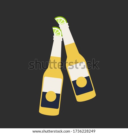 flat design concept two bottles drink art of beer cheers isolated cartoon & lemon vector on black background. corona relax & enjoy summer holiday illustration graphic. stop the coronavirus concept art