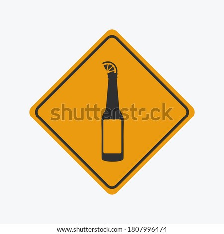 Warning caution yellow simple Sign vector graphic & black creative beer bottle drinks & lemon flat design illustration. funny clean coronavirus. corona concept Traffic Road symbol. alcohol Prohibition