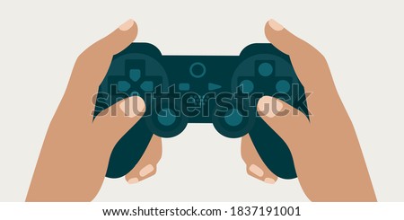 gamer & player play console flat design cover page background isolated. hands holding joy pad vector. Computer game controller or remote while playing. Gaming play station. joystick & buttons shape