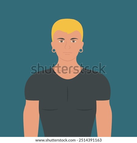 attractive man with cool piercing vector. earlobe expansion flat design style. young punk hipster male with enlarged ear lobes for huge earrings illustration like emo trendy fashion. flesh tunnel art