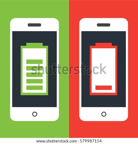 one clean smart phone With full Battery and one modern mobile With Low Battery. two cool phones with energy and without energy on a green and red color. empty and fuel cellphone