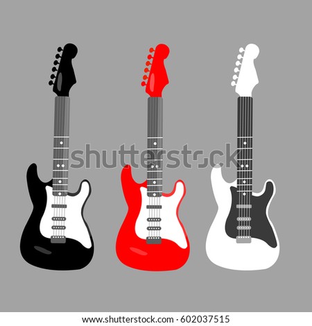 cool horizontal electric Guitar playing on flat design style. Rock music vector in a red black & white colors. rock & roll icons. beautiful instruments on a dark gray background illustration 